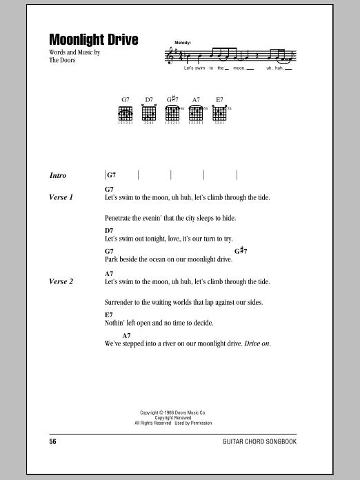 Download The Doors Moonlight Drive Sheet Music and learn how to play Guitar Chords/Lyrics PDF digital score in minutes