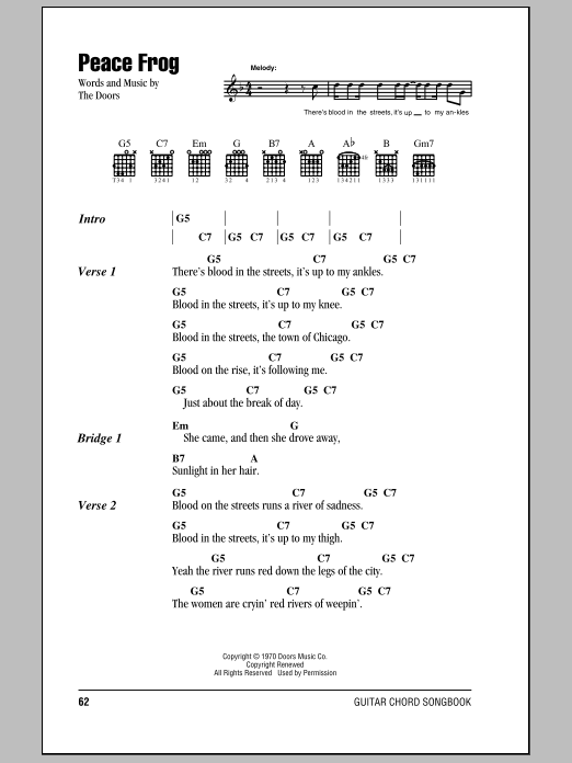 Download The Doors Peace Frog Sheet Music and learn how to play Guitar Chords/Lyrics PDF digital score in minutes