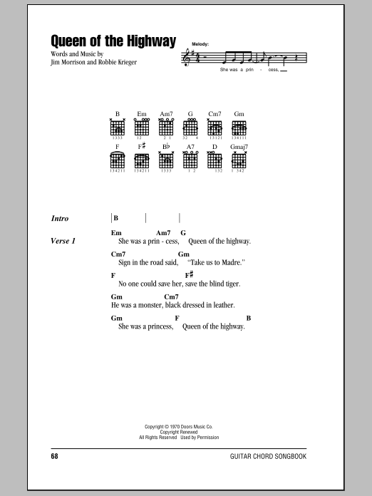 Download The Doors Queen Of The Highway Sheet Music and learn how to play Guitar Chords/Lyrics PDF digital score in minutes