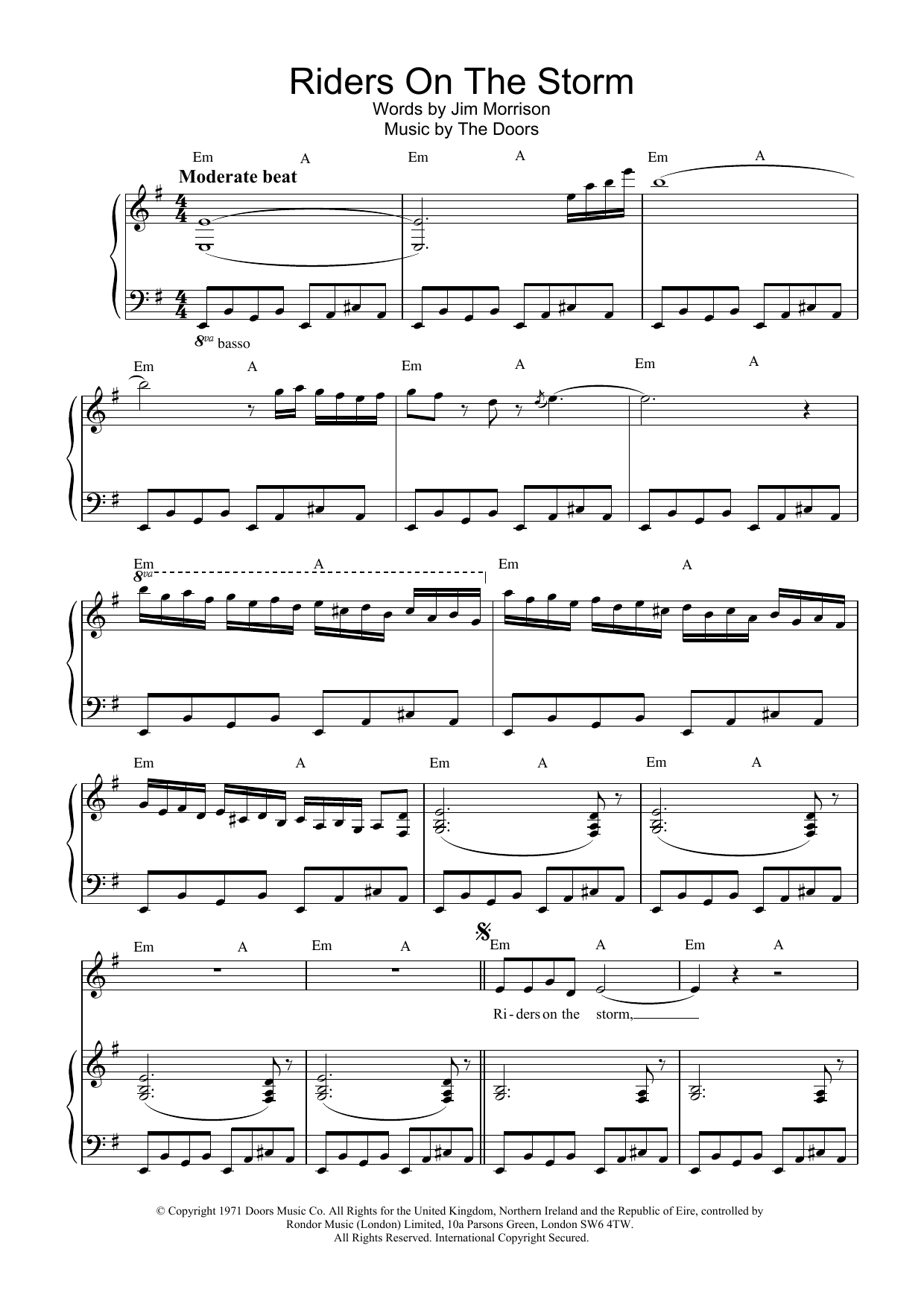 Download The Doors Riders On The Storm Sheet Music and learn how to play Piano, Vocal & Guitar Chords (Right-Hand Melody) PDF digital score in minutes