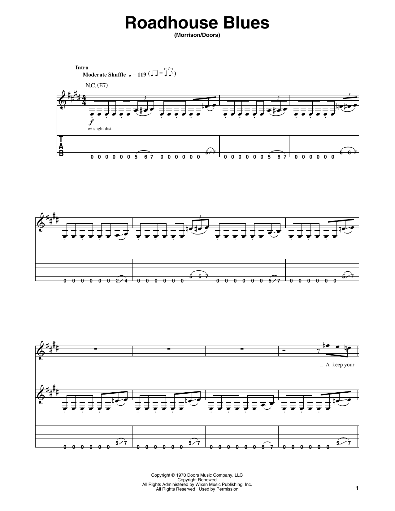 Download The Doors Roadhouse Blues Sheet Music and learn how to play Guitar Tab (Single Guitar) PDF digital score in minutes