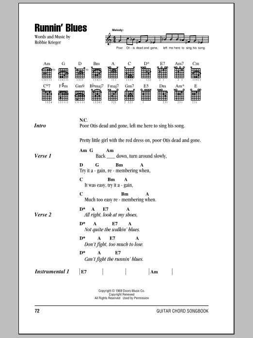 Download The Doors Runnin' Blues Sheet Music and learn how to play Guitar Chords/Lyrics PDF digital score in minutes