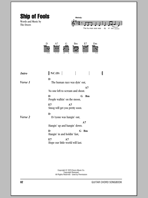 Download The Doors Ship Of Fools Sheet Music and learn how to play Guitar Chords/Lyrics PDF digital score in minutes