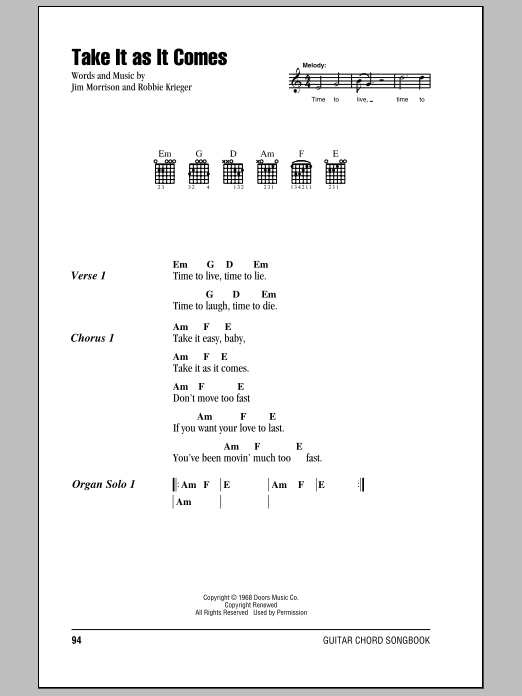 Download The Doors Take It As It Comes Sheet Music and learn how to play Guitar Chords/Lyrics PDF digital score in minutes