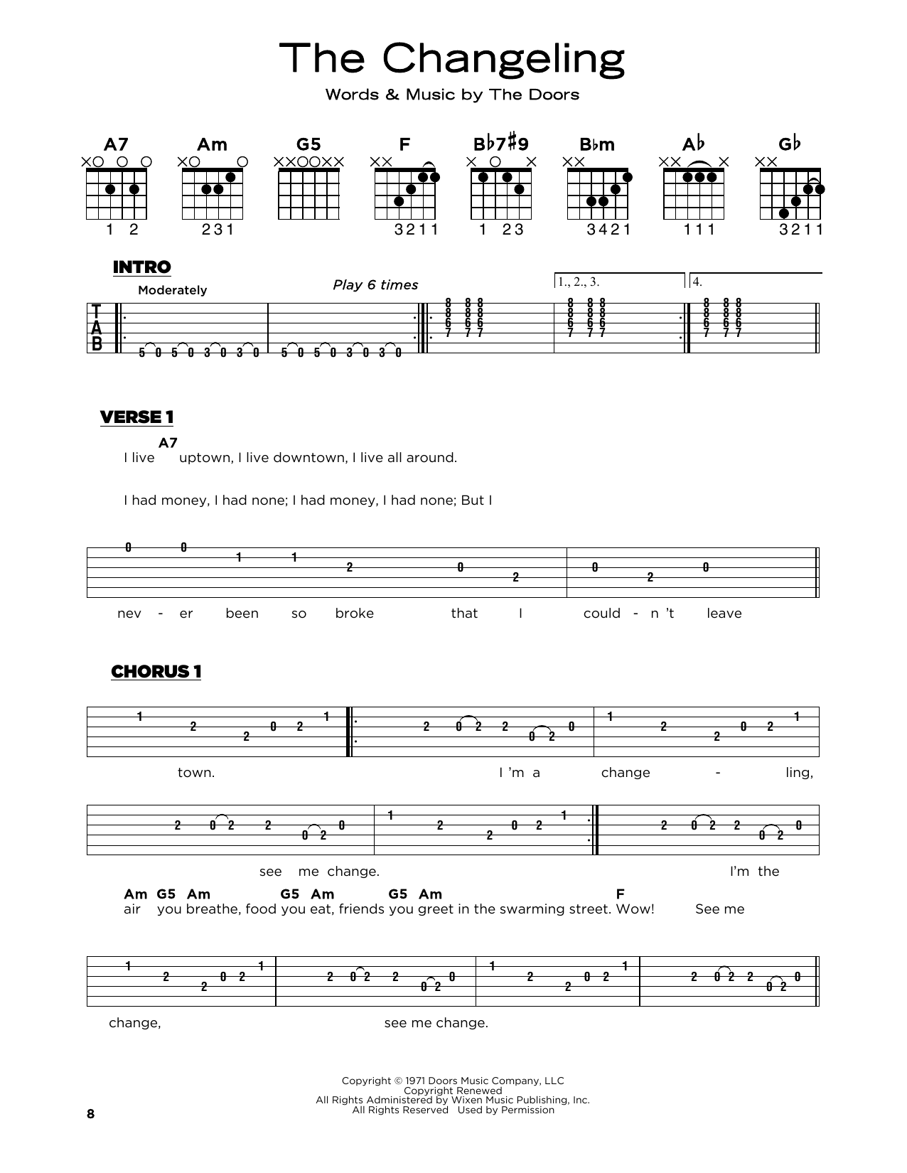 Download The Doors The Changeling Sheet Music and learn how to play Really Easy Guitar PDF digital score in minutes