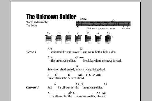 Download The Doors The Unknown Soldier Sheet Music and learn how to play Piano, Vocal & Guitar Chords (Right-Hand Melody) PDF digital score in minutes