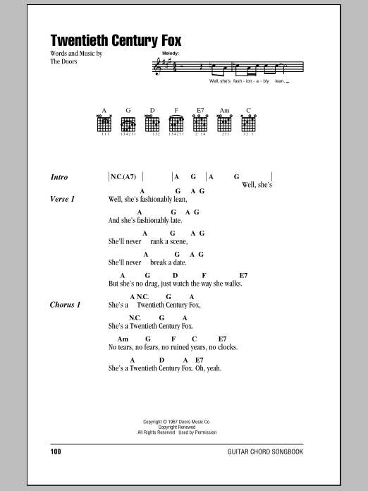 Download The Doors Twentieth Century Fox Sheet Music and learn how to play Guitar Chords/Lyrics PDF digital score in minutes