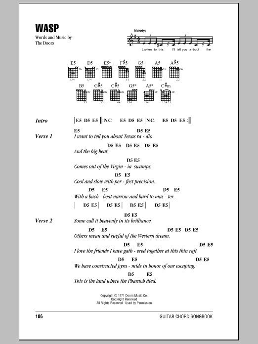 Download The Doors WASP Sheet Music and learn how to play Guitar Chords/Lyrics PDF digital score in minutes