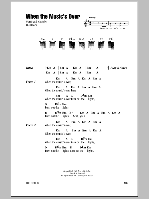 Download The Doors When The Music's Over Sheet Music and learn how to play Guitar Chords/Lyrics PDF digital score in minutes