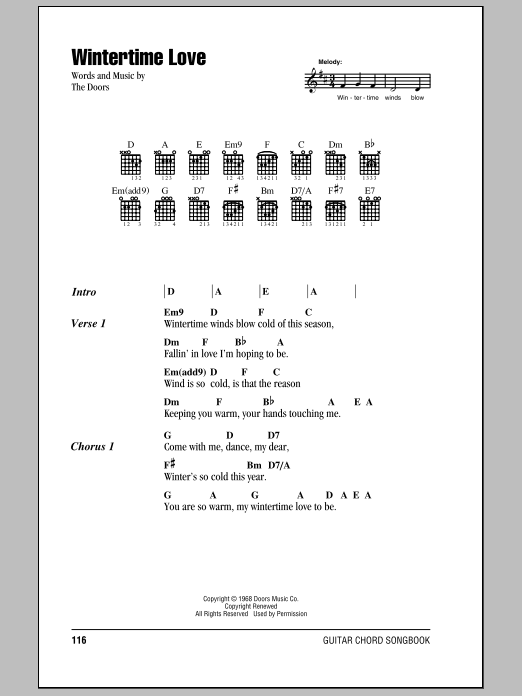 Download The Doors Wintertime Love Sheet Music and learn how to play Guitar Chords/Lyrics PDF digital score in minutes
