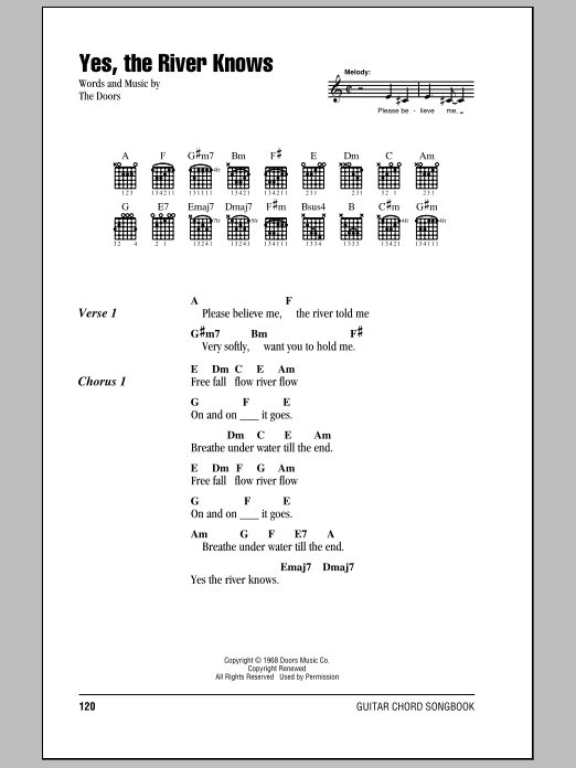 Download The Doors Yes, The River Knows Sheet Music and learn how to play Guitar Chords/Lyrics PDF digital score in minutes
