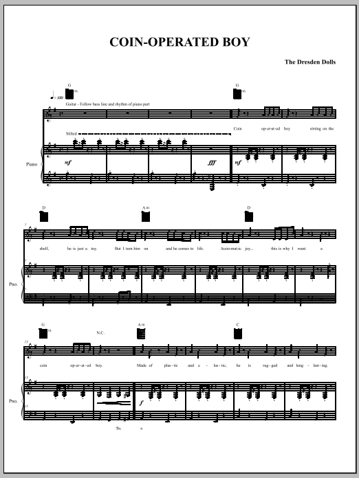 Download The Dresden Dolls Coin-Operated Boy Sheet Music and learn how to play Piano, Vocal & Guitar (Right-Hand Melody) PDF digital score in minutes