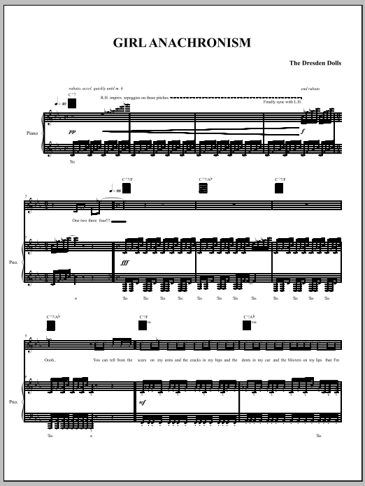 Download The Dresden Dolls Girl Anachronism Sheet Music and learn how to play Piano, Vocal & Guitar (Right-Hand Melody) PDF digital score in minutes