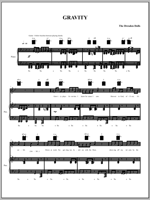 Download The Dresden Dolls Gravity Sheet Music and learn how to play Piano, Vocal & Guitar (Right-Hand Melody) PDF digital score in minutes