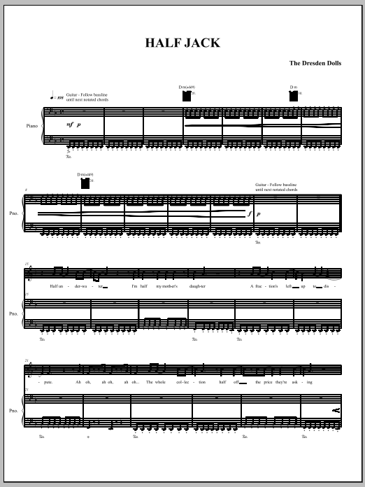 Download The Dresden Dolls Half Jack Sheet Music and learn how to play Piano, Vocal & Guitar (Right-Hand Melody) PDF digital score in minutes