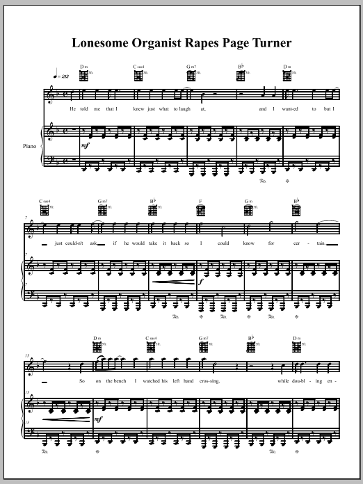 Download The Dresden Dolls Lonesome Organist Rapes Page-Turner Sheet Music and learn how to play Piano, Vocal & Guitar (Right-Hand Melody) PDF digital score in minutes