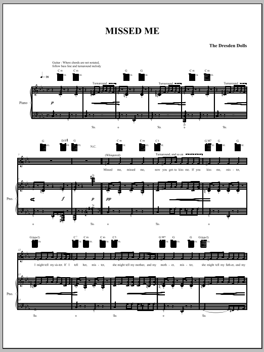 Download The Dresden Dolls Missed Me Sheet Music and learn how to play Piano, Vocal & Guitar (Right-Hand Melody) PDF digital score in minutes