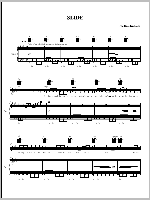 Download The Dresden Dolls Slide Sheet Music and learn how to play Piano, Vocal & Guitar (Right-Hand Melody) PDF digital score in minutes