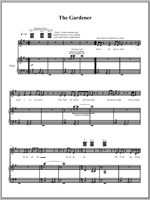 Download The Dresden Dolls The Gardener Sheet Music and learn how to play Piano, Vocal & Guitar (Right-Hand Melody) PDF digital score in minutes