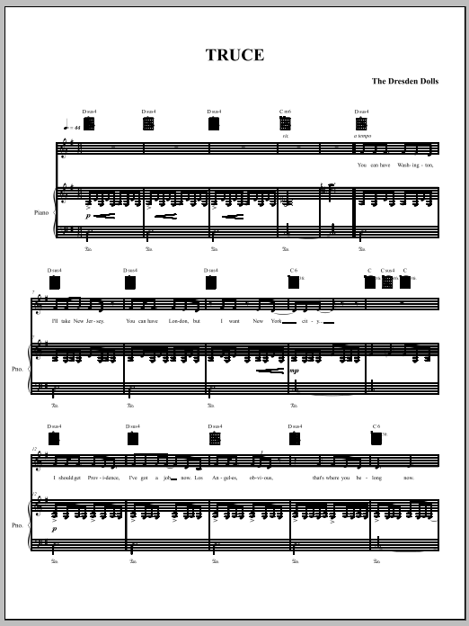 Download The Dresden Dolls Truce Sheet Music and learn how to play Piano, Vocal & Guitar (Right-Hand Melody) PDF digital score in minutes