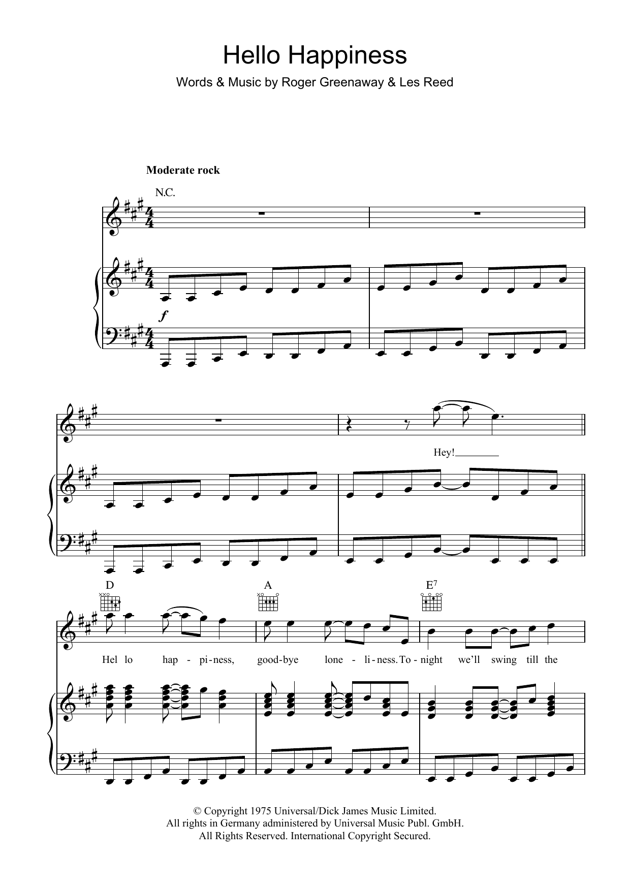 Download The Drifters Hello Happiness Sheet Music and learn how to play Piano, Vocal & Guitar (Right-Hand Melody) PDF digital score in minutes