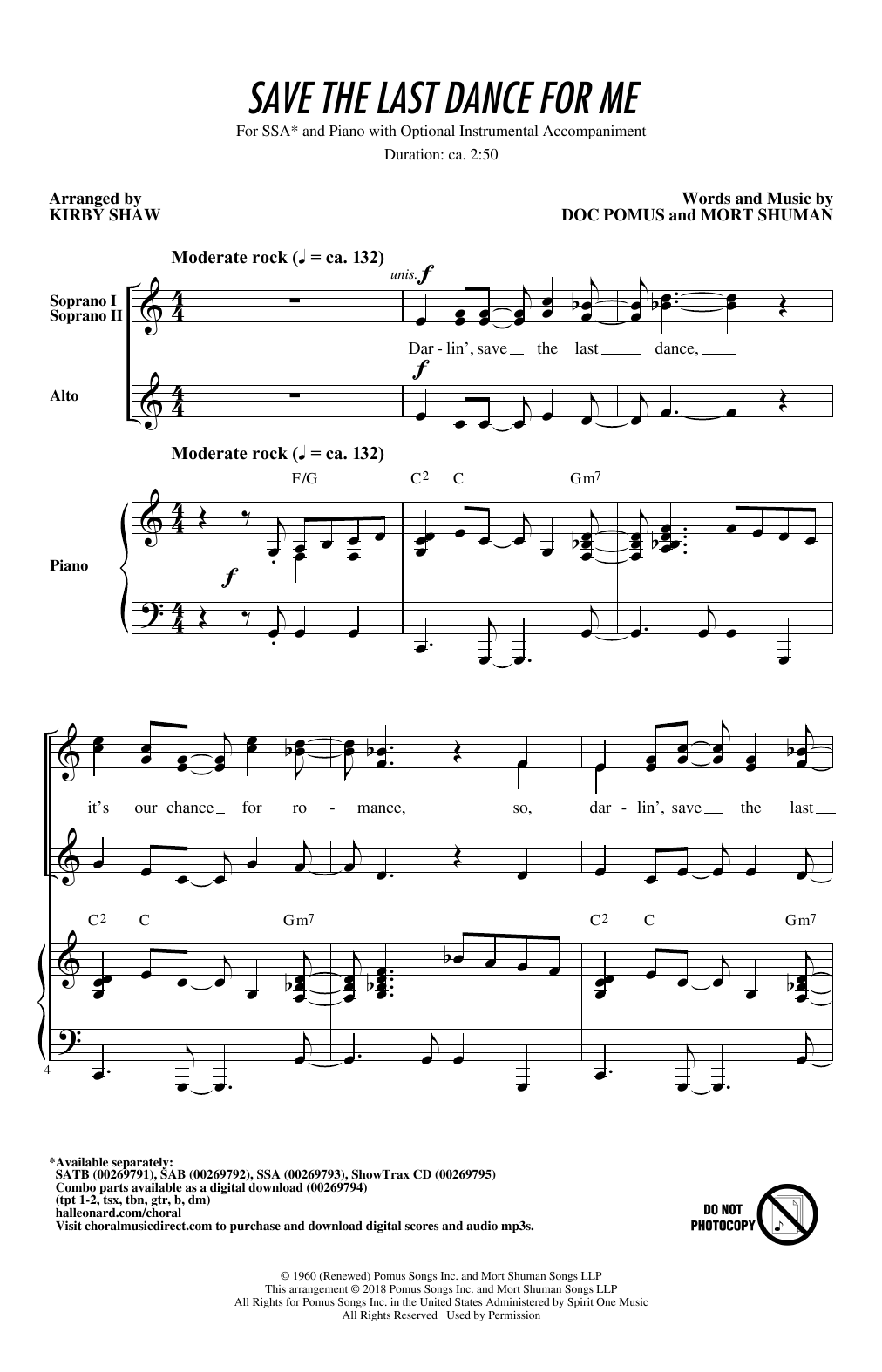 Download The Drifters Save The Last Dance For Me (arr. Kirby Shaw) Sheet Music and learn how to play SAB Choir PDF digital score in minutes