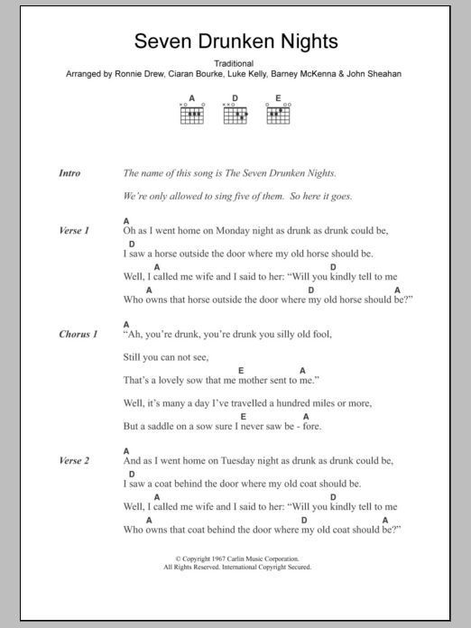 Download The Dubliners Seven Drunken Nights Sheet Music and learn how to play Lyrics & Chords PDF digital score in minutes