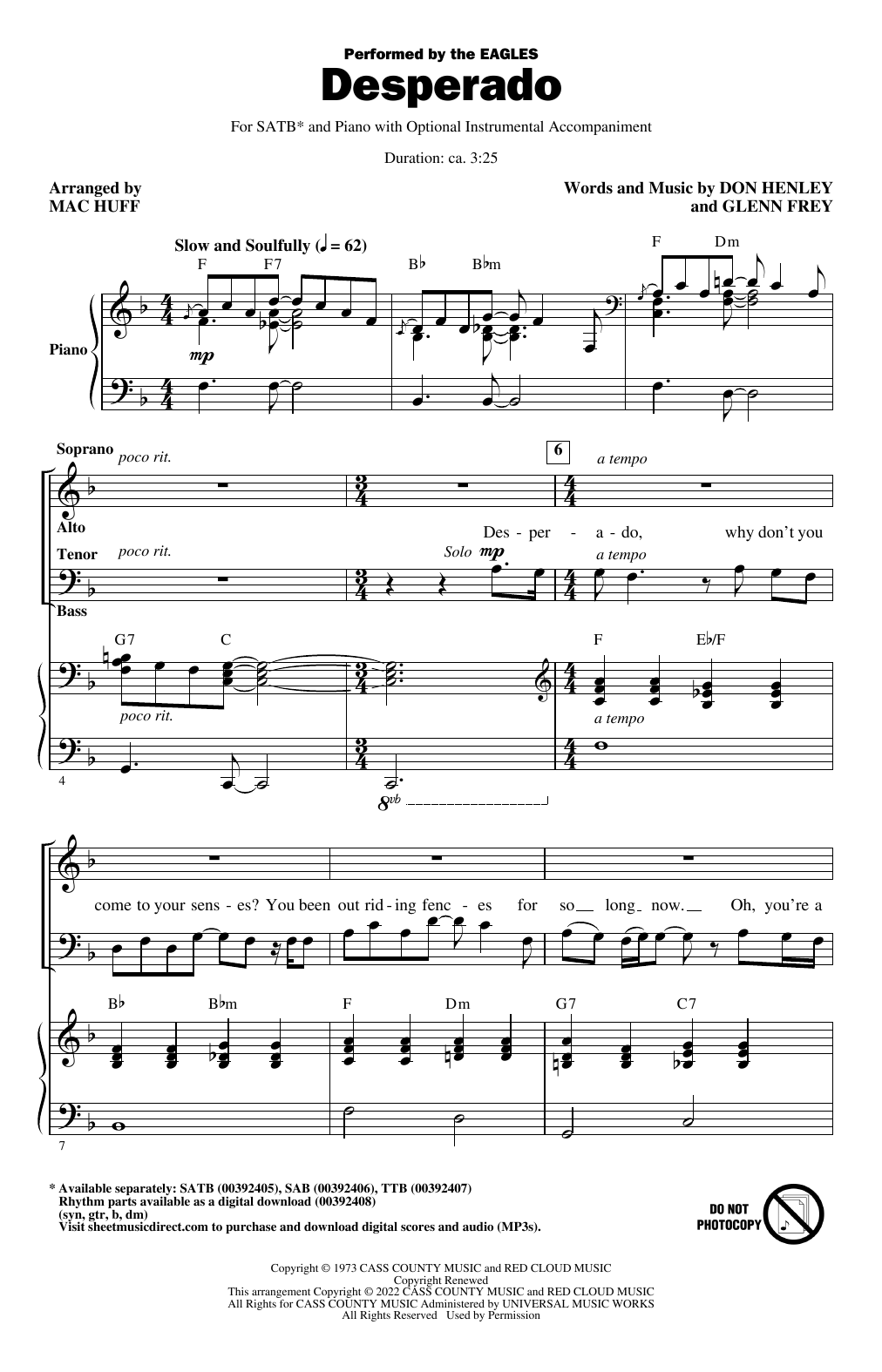 Download Eagles Desperado (arr. Mac Huff) Sheet Music and learn how to play SATB Choir PDF digital score in minutes