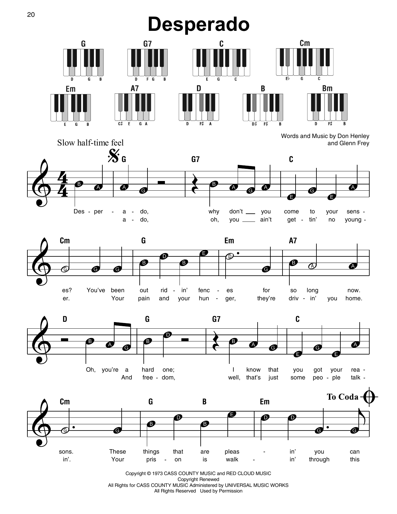 Download The Eagles Desperado Sheet Music and learn how to play Super Easy Piano PDF digital score in minutes