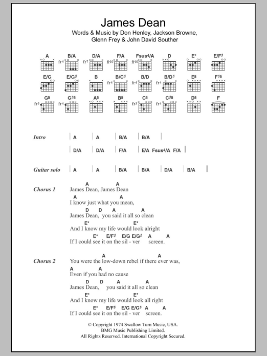 Download Eagles James Dean Sheet Music and learn how to play Lyrics & Chords PDF digital score in minutes