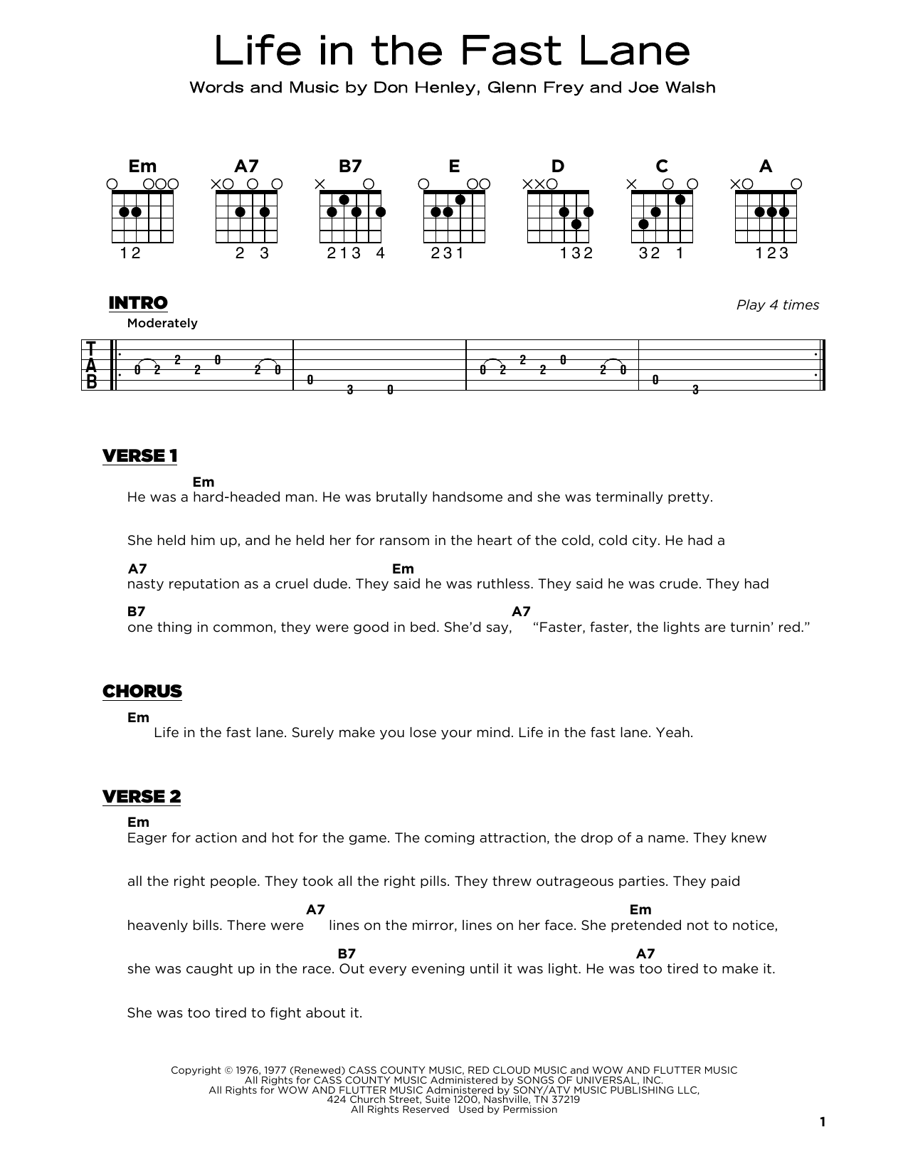 Download The Eagles Life In The Fast Lane Sheet Music and learn how to play Really Easy Guitar PDF digital score in minutes