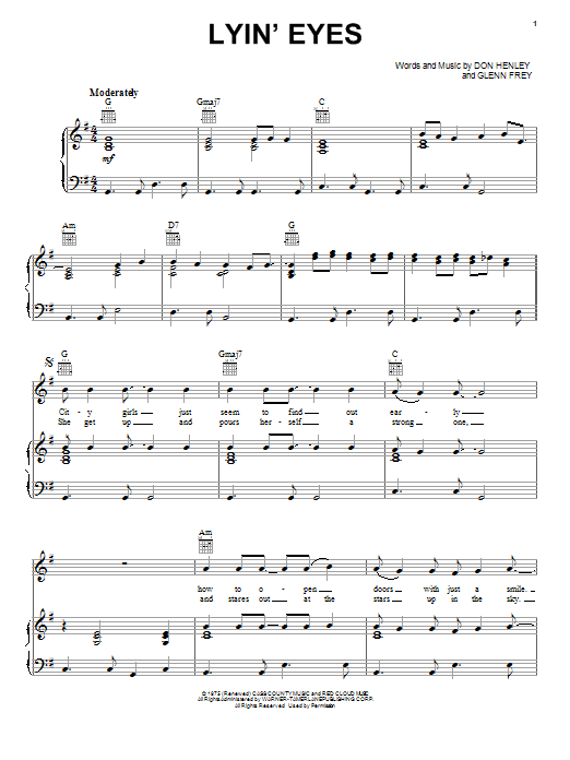 Download Eagles Lyin' Eyes Sheet Music and learn how to play Piano, Vocal & Guitar (Right-Hand Melody) PDF digital score in minutes