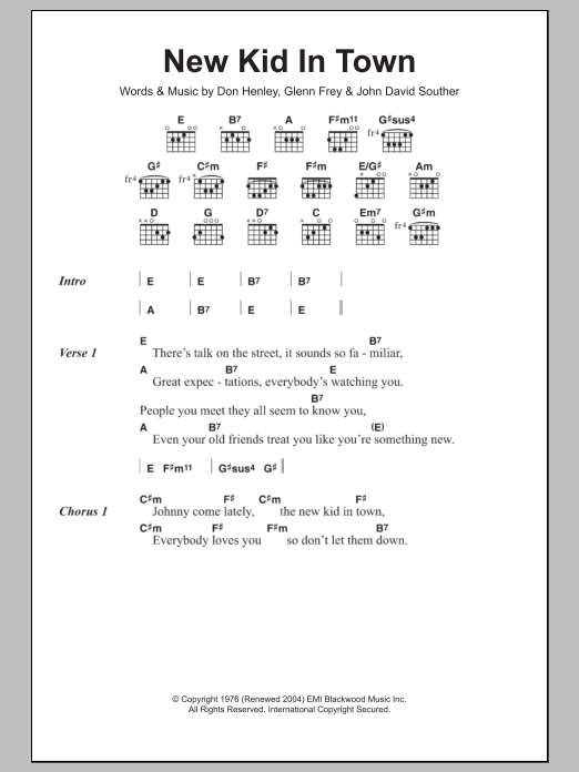 Download Eagles New Kid In Town Sheet Music and learn how to play Lyrics & Chords PDF digital score in minutes