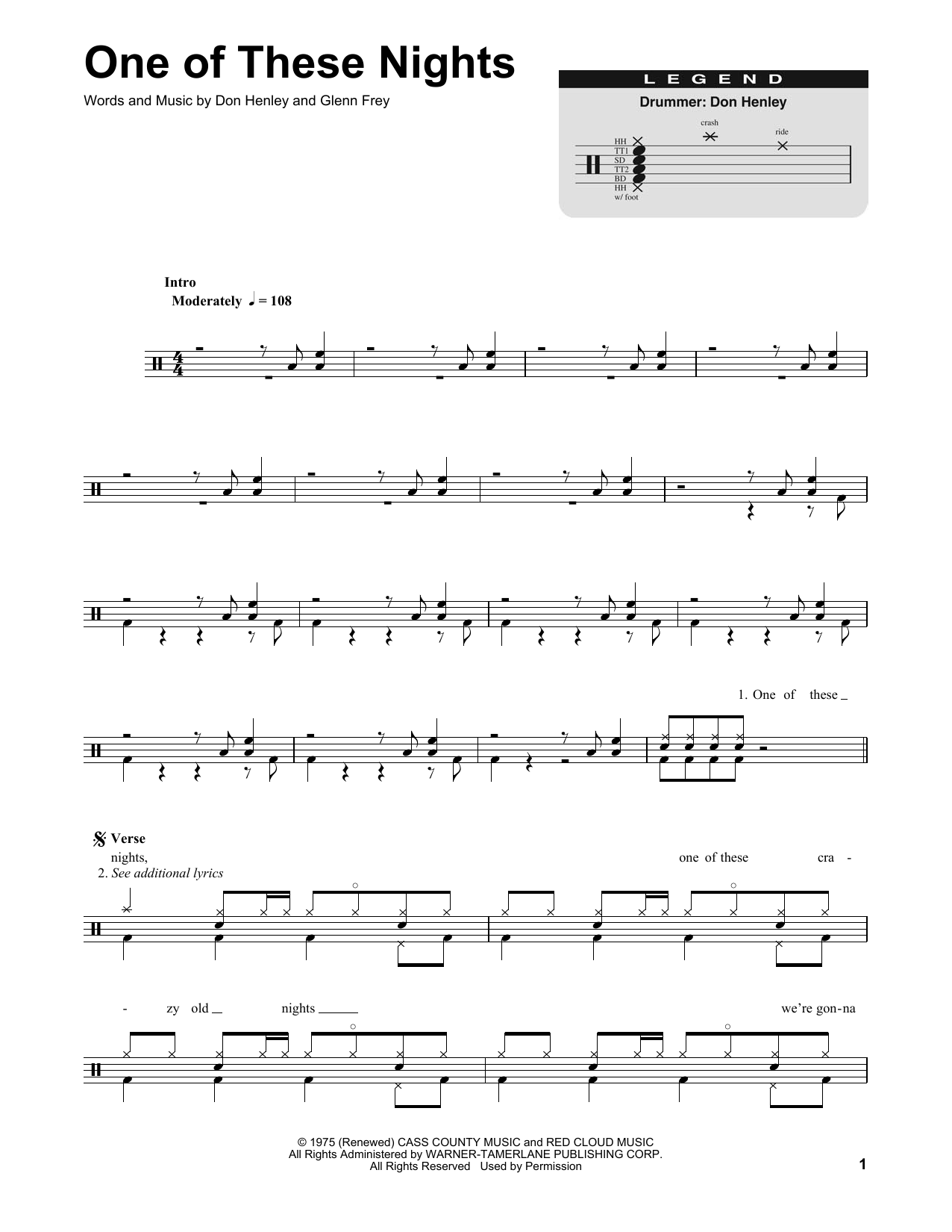 Download Eagles One Of These Nights Sheet Music and learn how to play Drums Transcription PDF digital score in minutes