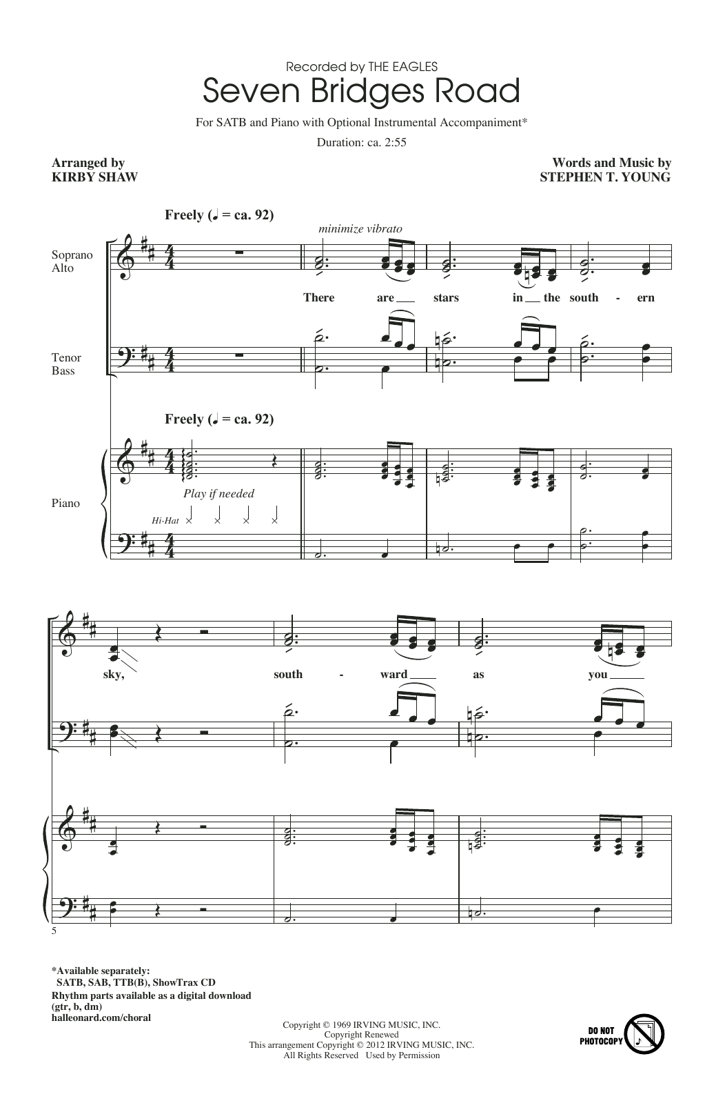 Download Eagles Seven Bridges Road (arr. Kirby Shaw) Sheet Music and learn how to play SATB Choir PDF digital score in minutes