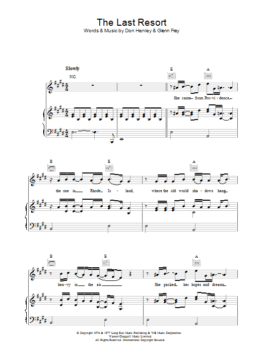 Download Eagles The Last Resort Sheet Music and learn how to play Piano, Vocal & Guitar (Right-Hand Melody) PDF digital score in minutes