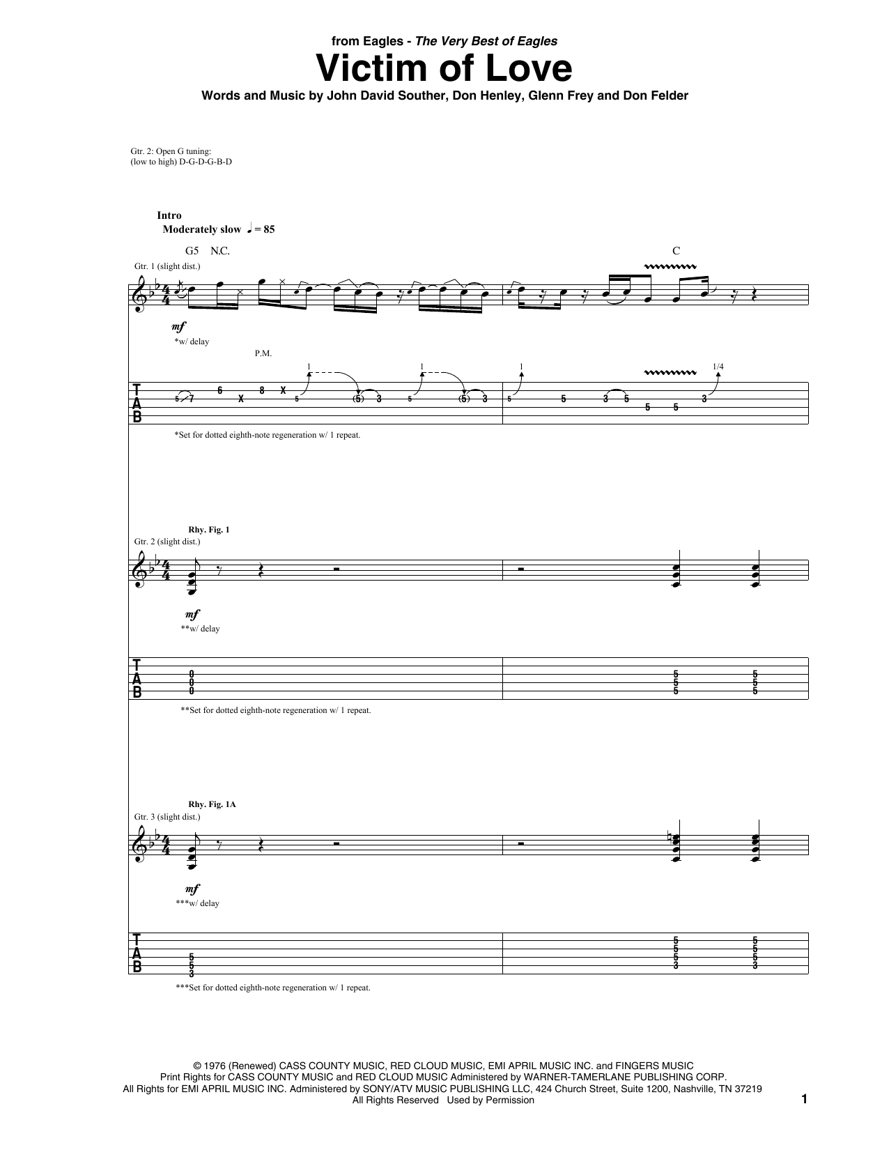 Download Eagles Victim Of Love Sheet Music and learn how to play Guitar Tab PDF digital score in minutes