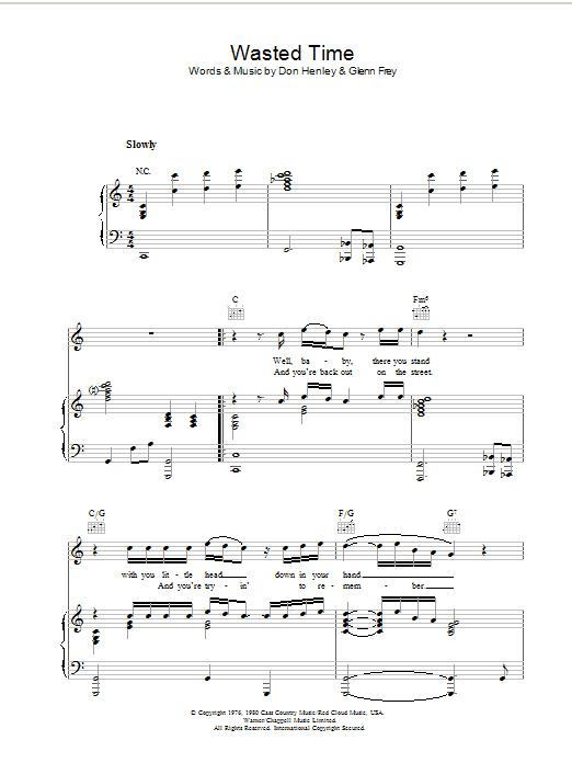 Download Eagles Wasted Time Sheet Music and learn how to play Piano, Vocal & Guitar (Right-Hand Melody) PDF digital score in minutes