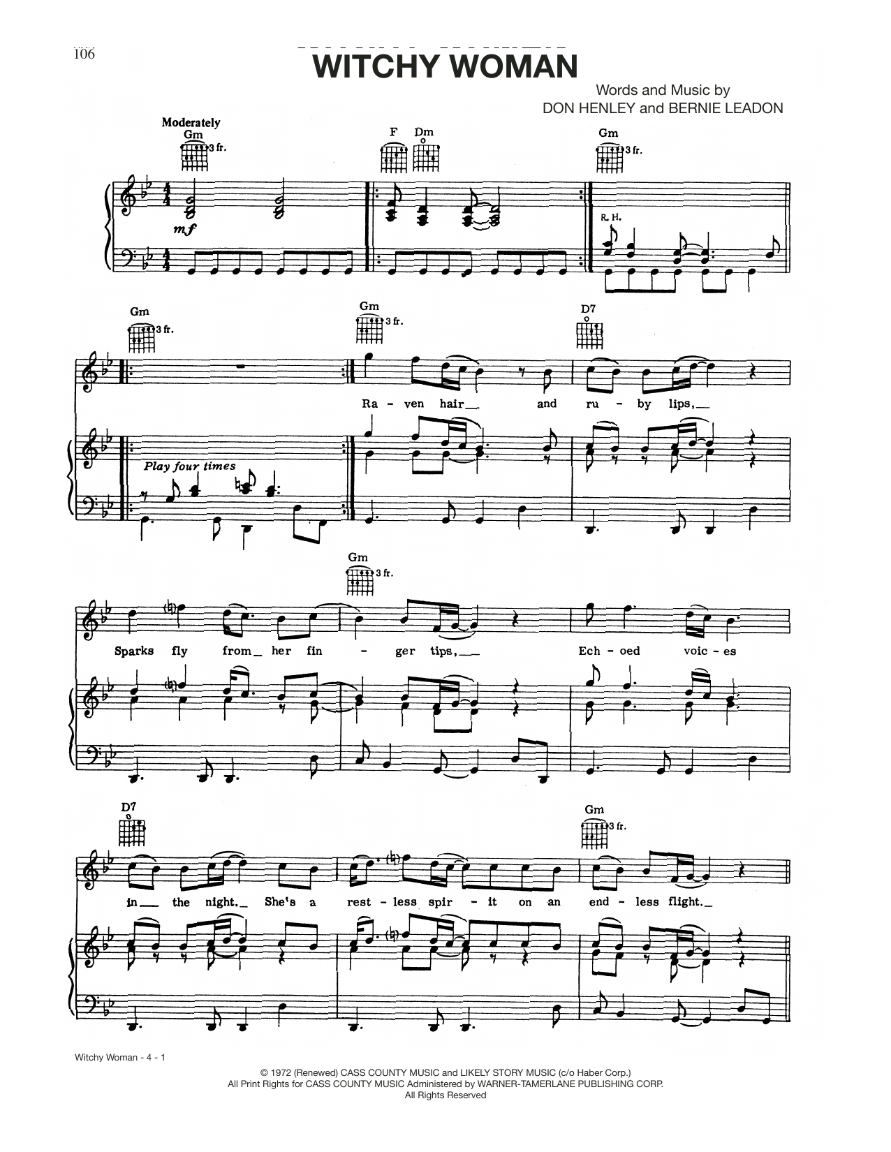 Download The Eagles Witchy Woman Sheet Music and learn how to play Piano, Vocal & Guitar Chords (Right-Hand Melody) PDF digital score in minutes