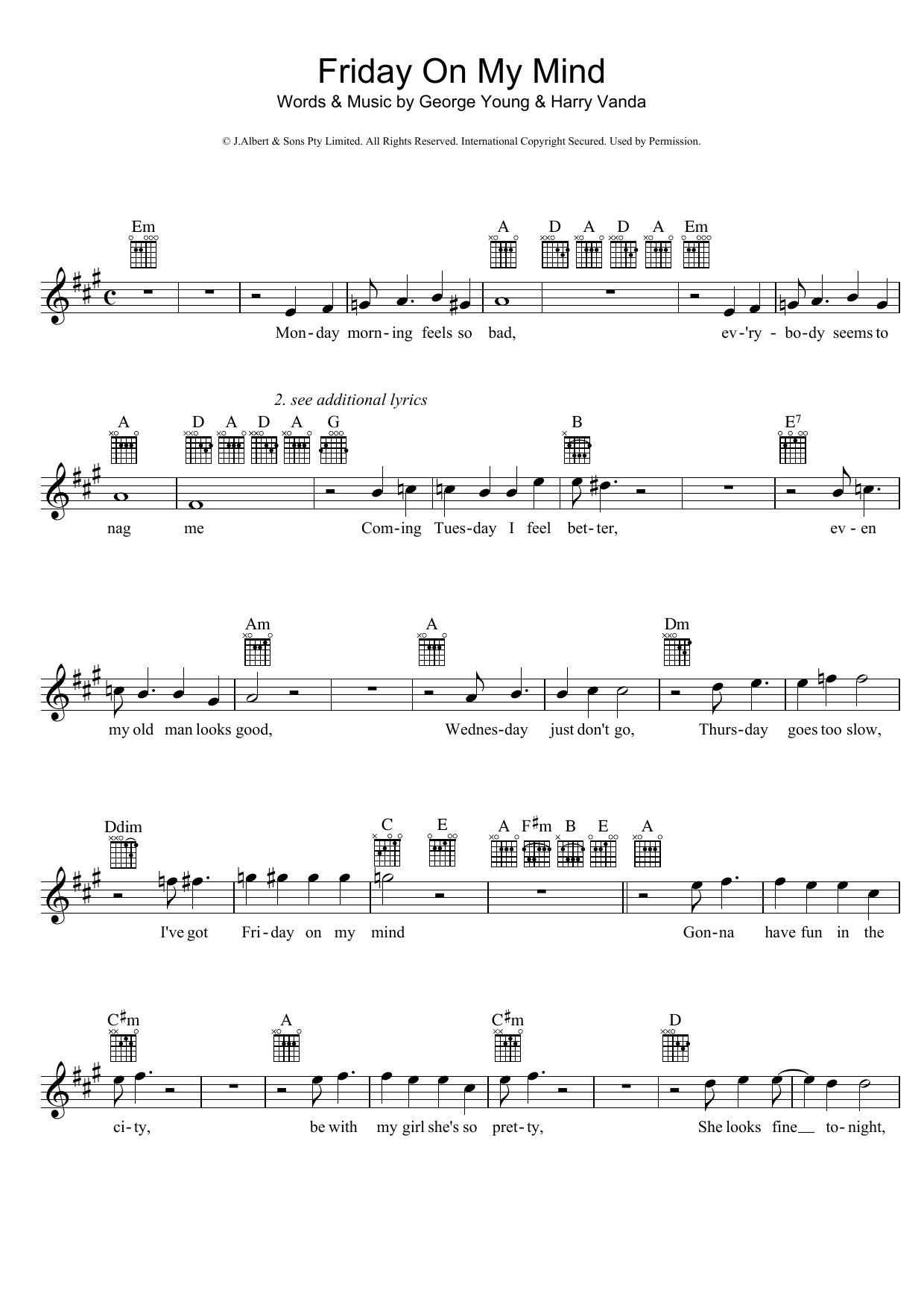 Download The Easybeats Friday On My Mind Sheet Music and learn how to play Melody Line, Lyrics & Chords PDF digital score in minutes