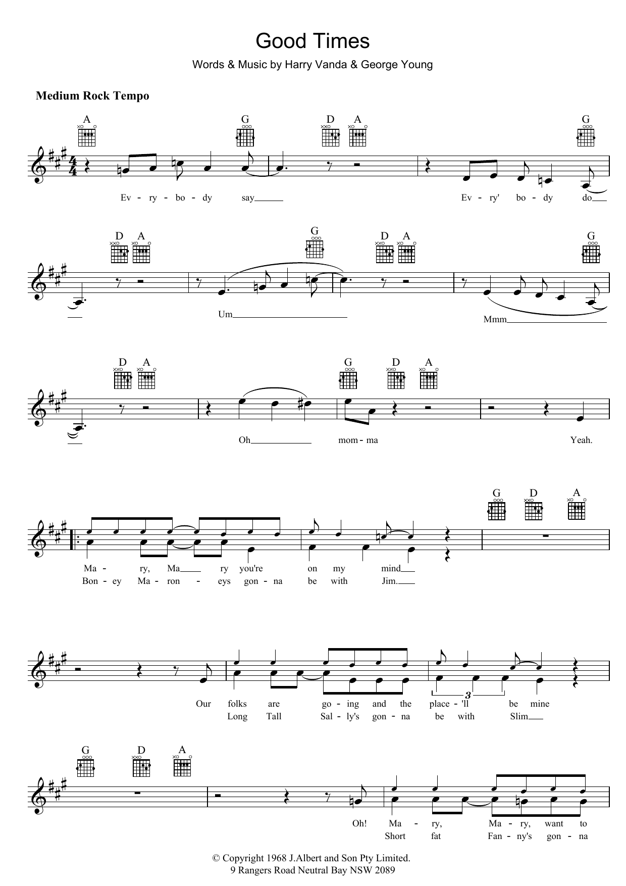 Download The Easybeats Good Times Sheet Music and learn how to play Melody Line, Lyrics & Chords PDF digital score in minutes