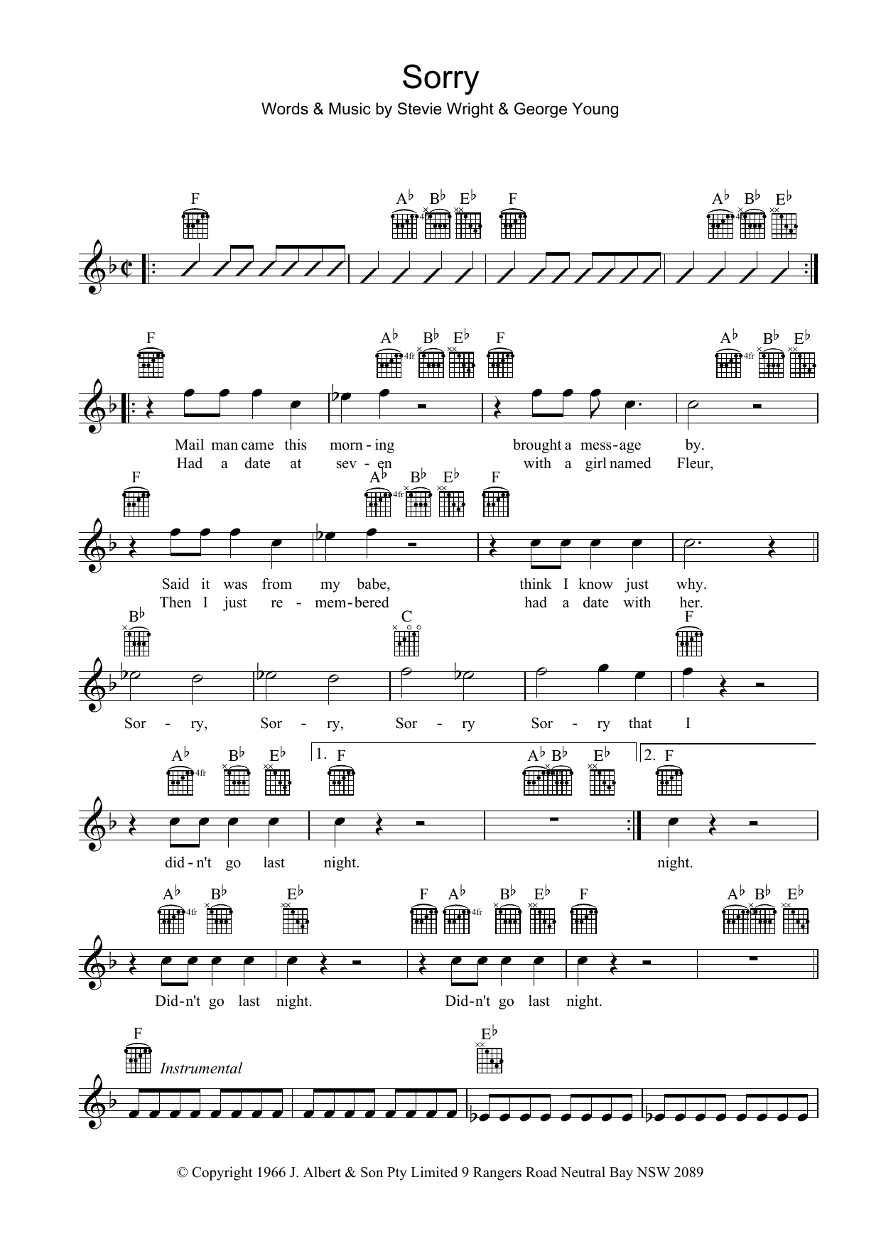 Download The Easybeats Sorry Sheet Music and learn how to play Melody Line, Lyrics & Chords PDF digital score in minutes