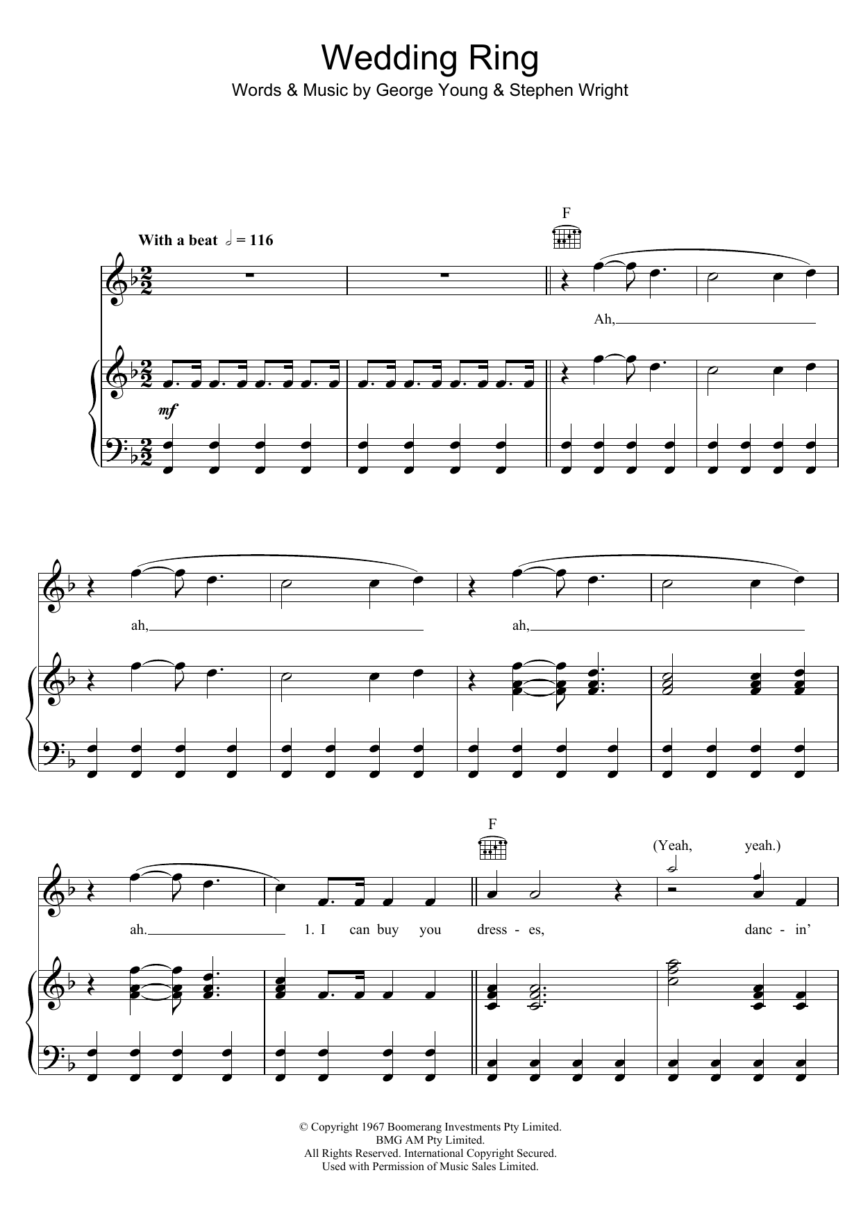 Download The Easybeats Wedding Ring Sheet Music and learn how to play Piano, Vocal & Guitar (Right-Hand Melody) PDF digital score in minutes