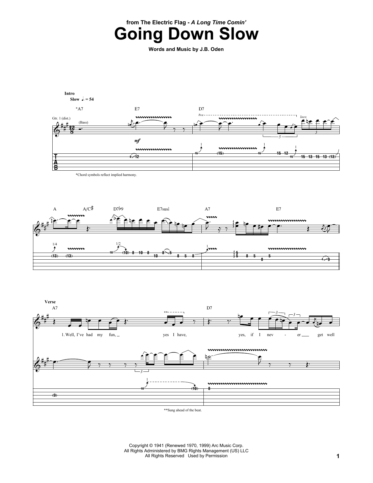 Download The Electric Flag Going Down Slow Sheet Music and learn how to play Guitar Tab PDF digital score in minutes
