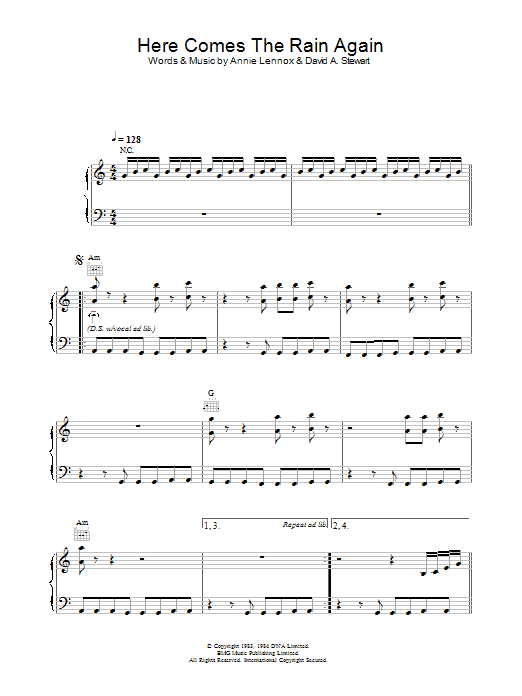 Download Eurythmics Here Comes The Rain Again Sheet Music and learn how to play Piano, Vocal & Guitar (Right-Hand Melody) PDF digital score in minutes