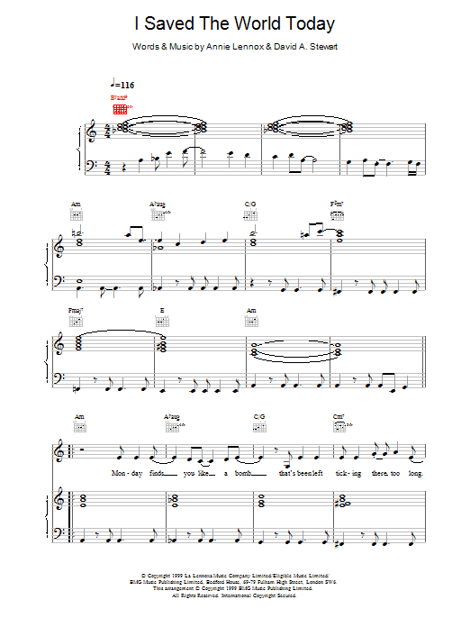 Download Eurythmics I Saved The World Today Sheet Music and learn how to play Piano, Vocal & Guitar PDF digital score in minutes