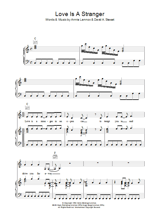 Download Eurythmics Love Is A Stranger Sheet Music and learn how to play Piano, Vocal & Guitar (Right-Hand Melody) PDF digital score in minutes