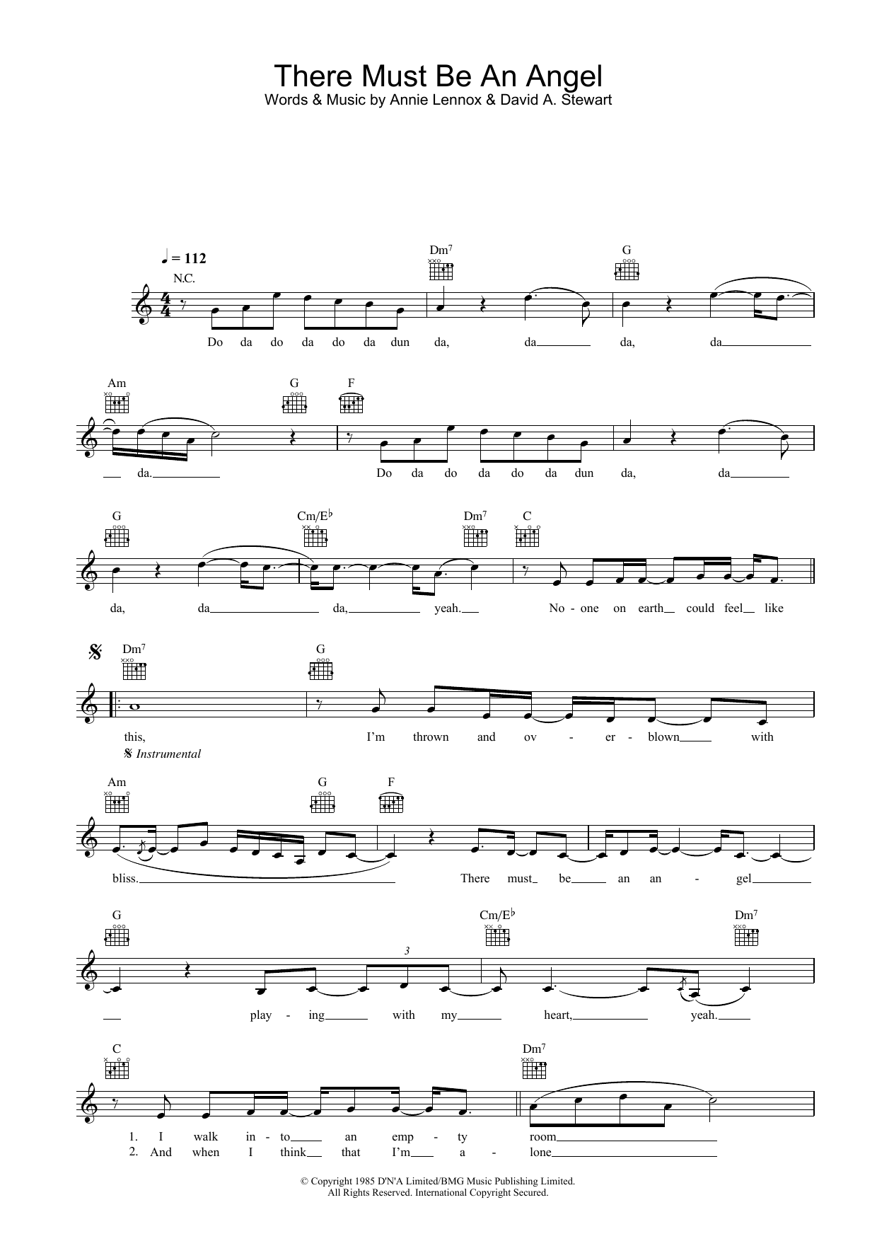 Download Annie Lennox There Must Be An Angel (Playing With My Heart) Sheet Music and learn how to play Lead Sheet / Fake Book PDF digital score in minutes