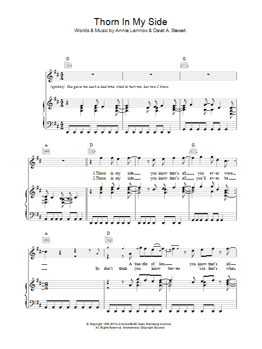 Download Eurythmics Thorn In My Side Sheet Music and learn how to play Piano, Vocal & Guitar (Right-Hand Melody) PDF digital score in minutes