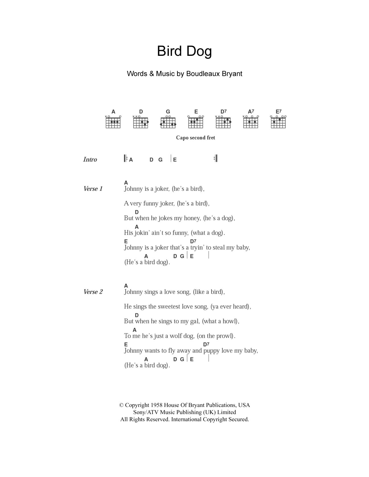 Download The Everly Brothers Bird Dog Sheet Music and learn how to play Lyrics & Chords PDF digital score in minutes